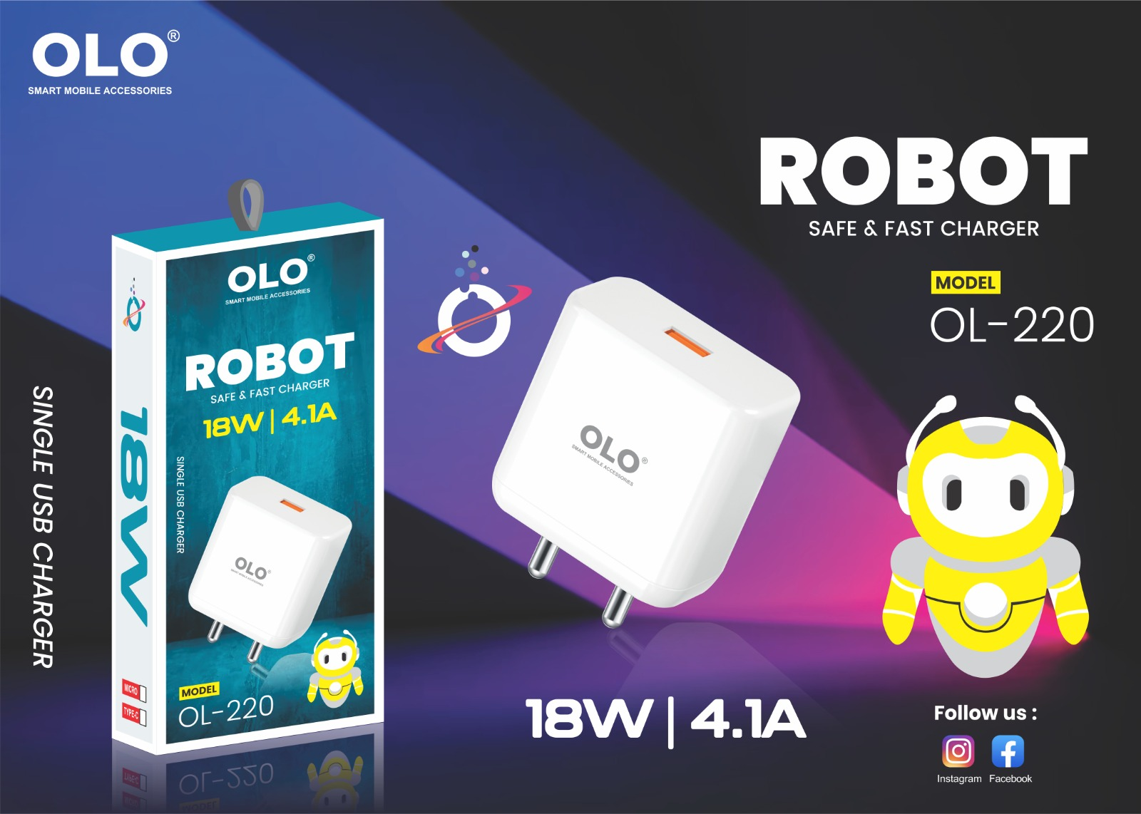 Olo_Image_PNG OLO, OL-220,18W Single USB Charger - Type-Micro, ROBOT. - Image 1